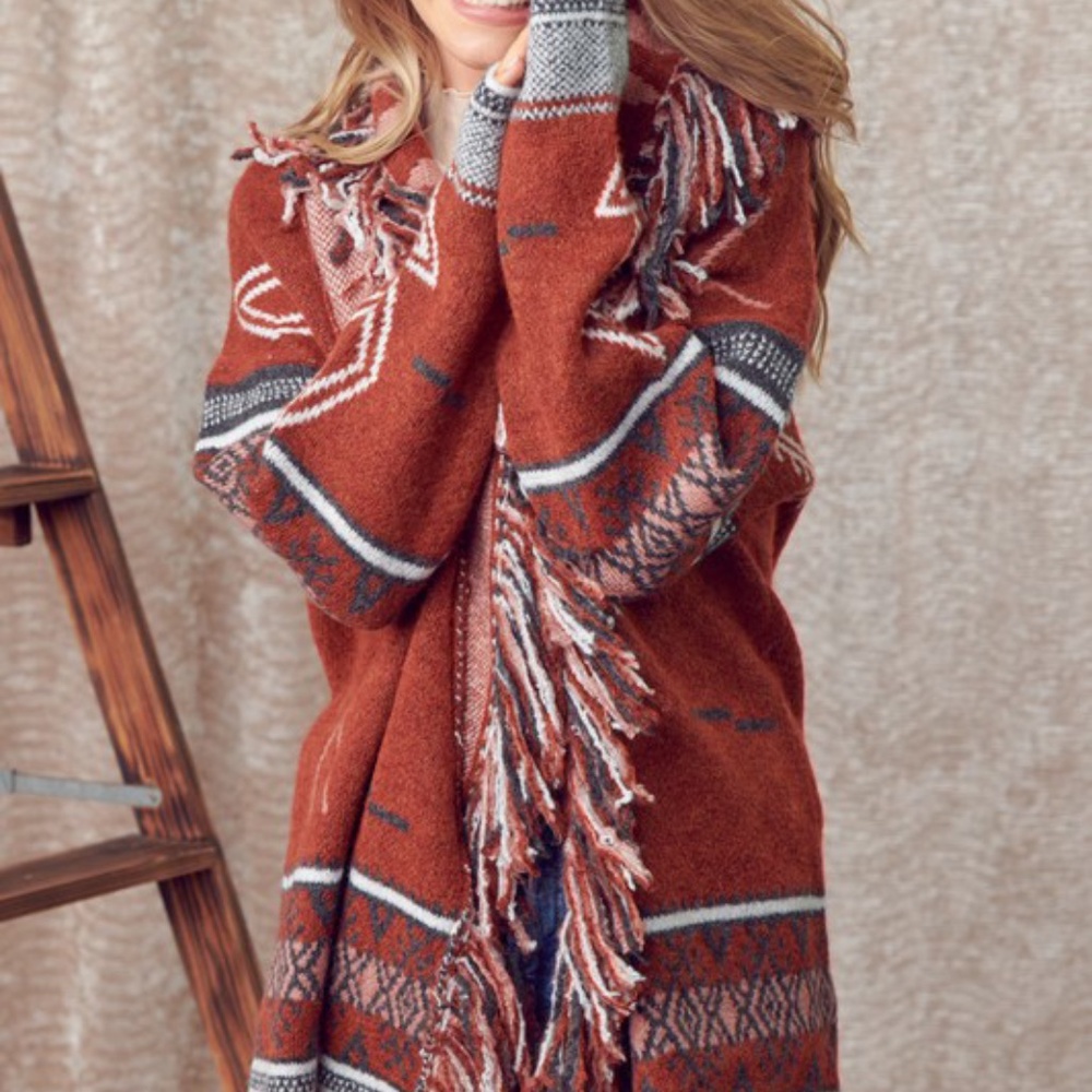 Brick Red Tribal Print Fringe Open Front Cardigan - Picture 6 of 8